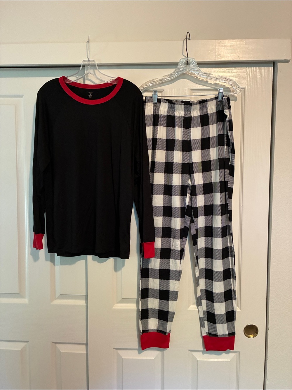 Holiday Time Black Top with Black & White Buffalo Plaid Pants and Red Trim